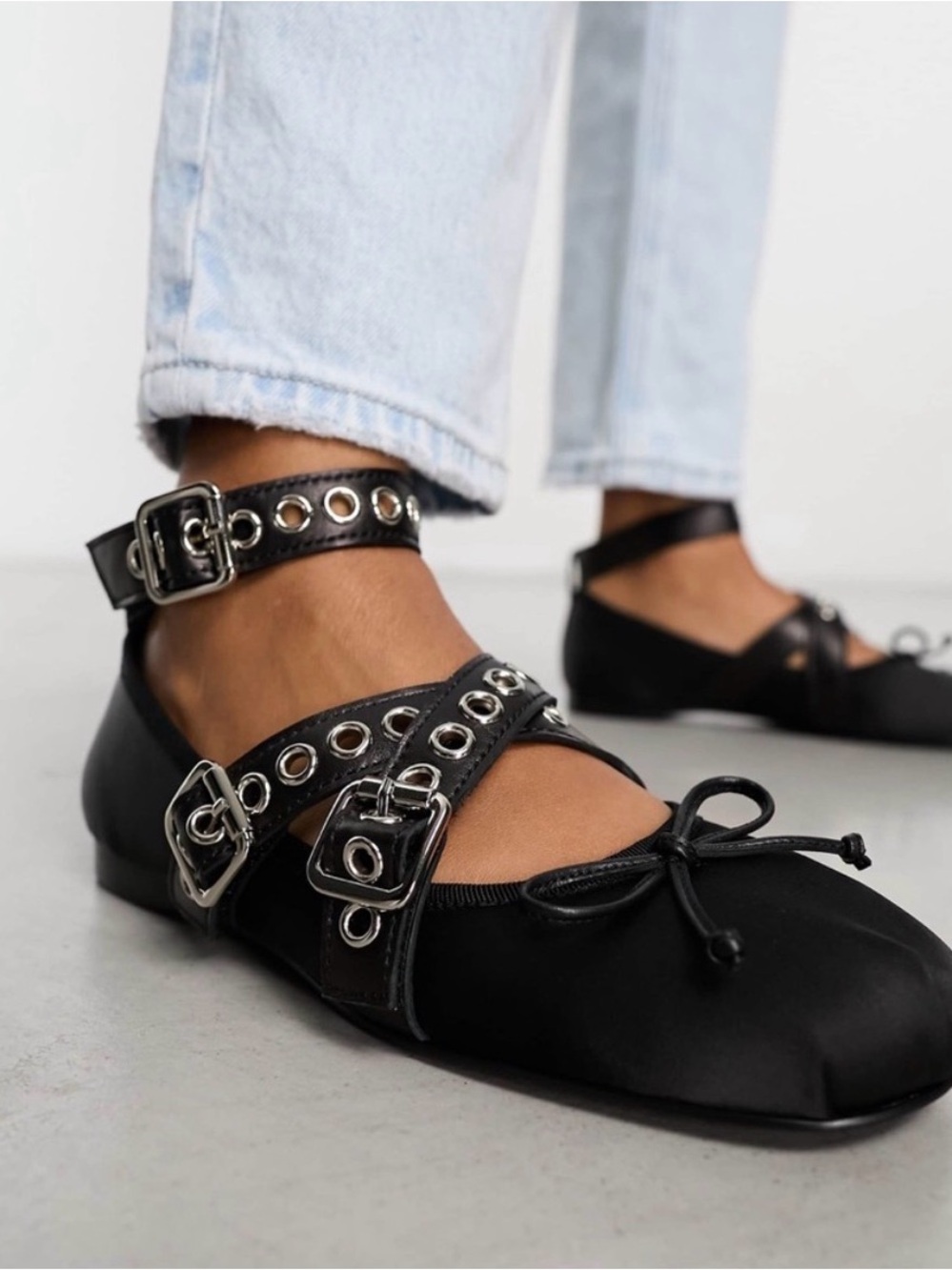 Jeffrey Campbell Choreo Moto Black Satin Ballet Flats 9 Punk Ballerina Mary Jane - Picture 4 of 8
